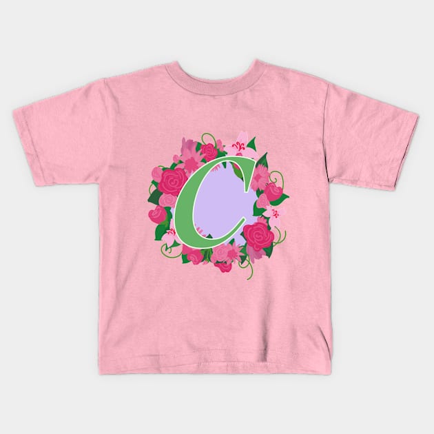 Monogram C, Personalized Floral Initial Kids T-Shirt by Bunniyababa